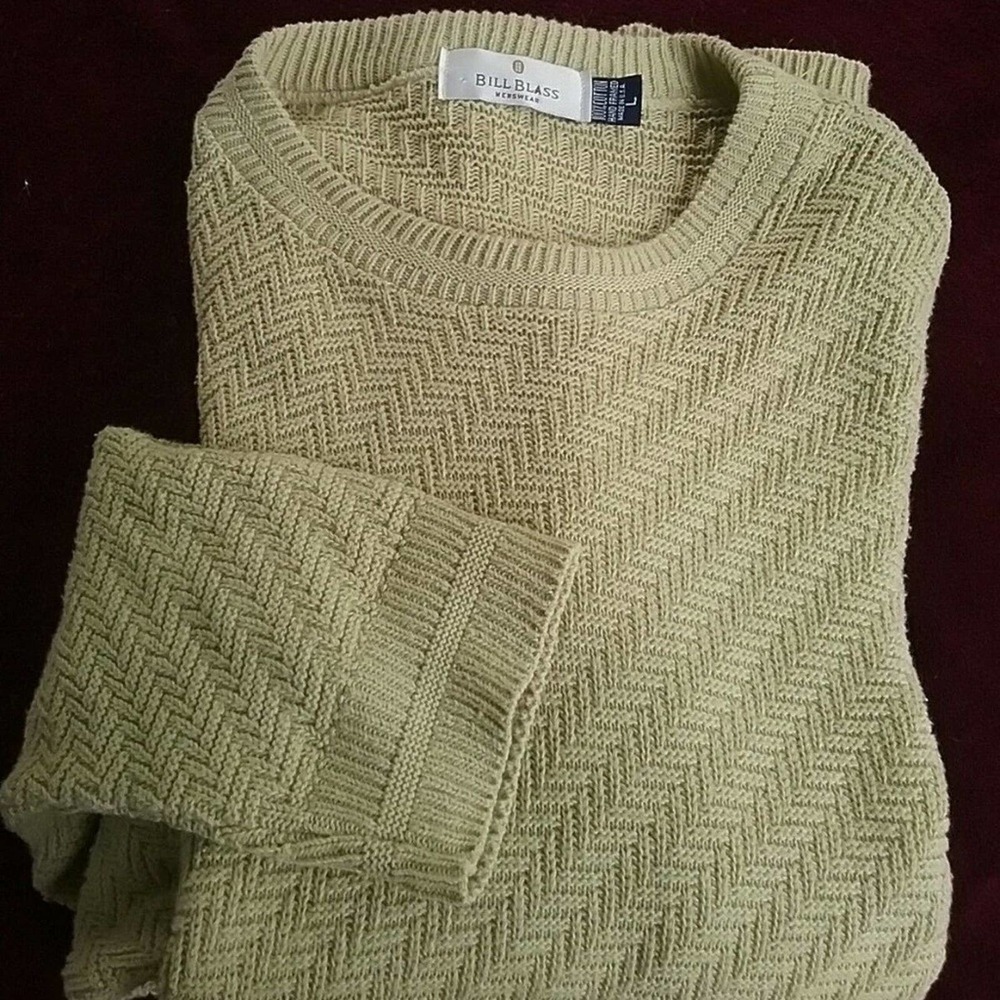 Vintage Bill Blass Mens Large Pastel Yellow Fisherman Herringbone Knit Sweater
